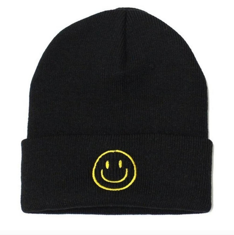 Black Beanie with Yellow Smiley Face